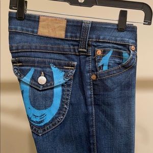 Dark wash boot leg low rise jeans. True Religion